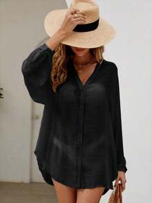 Holidaya Kimono unicolor con botón delantero - Negro - Ver 3