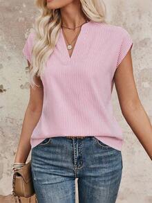 Camisa de cuello con muesca a rayas, casual/para el trabajo, de verano - Rosa Pálido - Ver 1