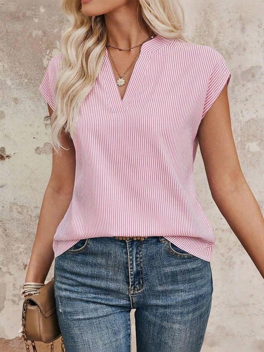 Camisa de cuello con muesca a rayas, casual/para el trabajo, de verano - Rosa Pálido - Ver 1
