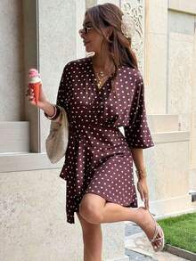 Vestido corto casual y de viaje con cuello en V y estampado de cuadros para mujer - Marrón - Ver 5