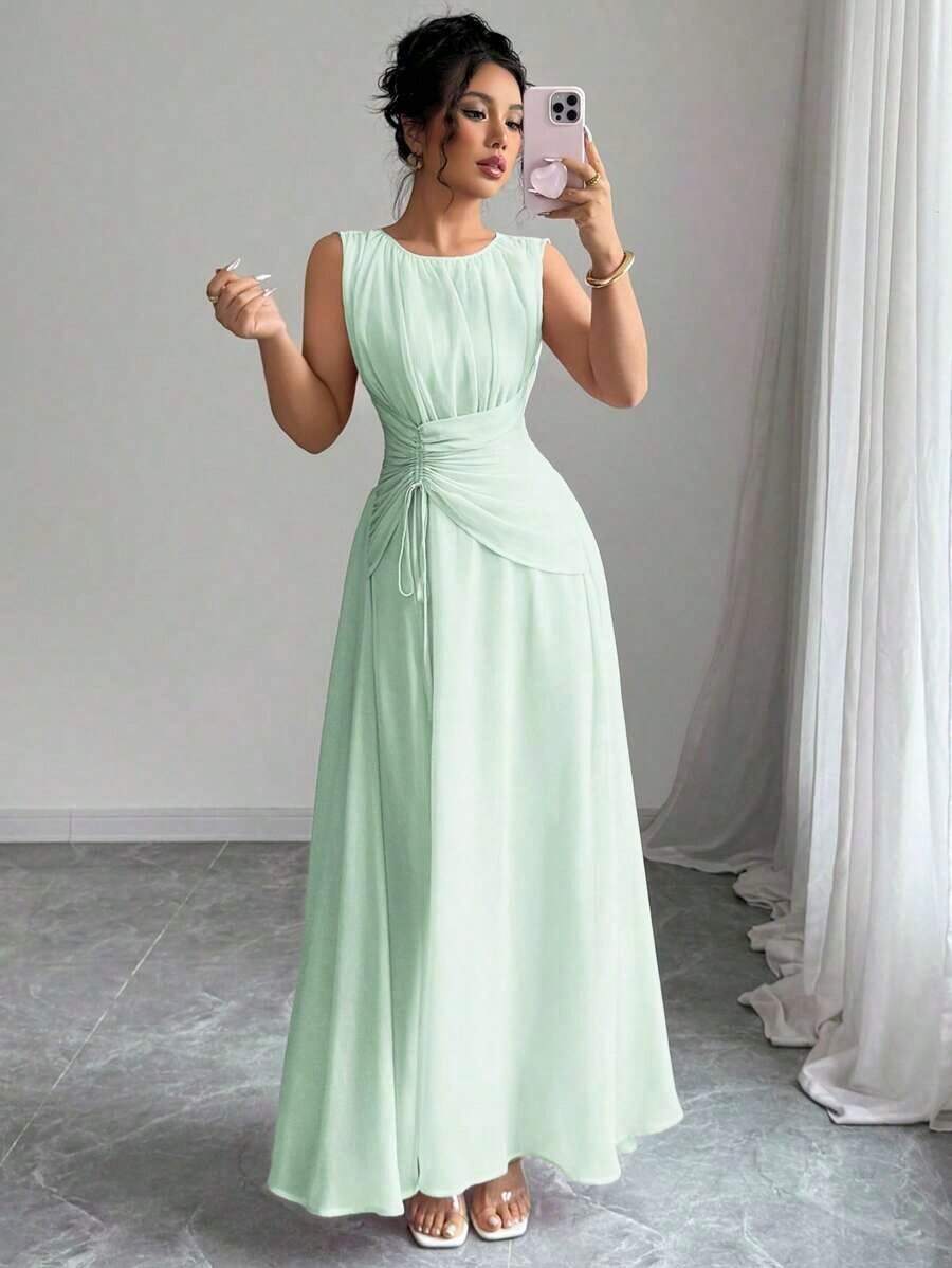 Vestido maxi casual, romántico, vintage y elegante de gasa para mujer con cordón en la cintura, para la playa, el té de la tarde, fiestas de noche, uso diario, sin mangas, de unicolor, vestido largo, primavera/verano - verde menta - Ver 1
