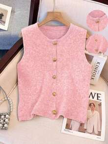 1 pieza Chaleco de punto de mujer minimalista de unicolor con botón de metal suave, parte superior casual versátil, suéter de moda de cuello redondo - Rosa Pálido - Ver 7