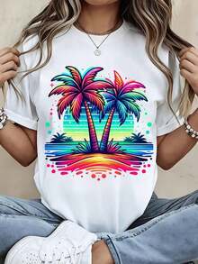 Camiseta de mujer de cuello redondo con estampado de árboles de palma coloridos, puesta de sol tropical, de manga corta, para uso casual en verano y vacaciones en llaya - Blanco - Ver 2