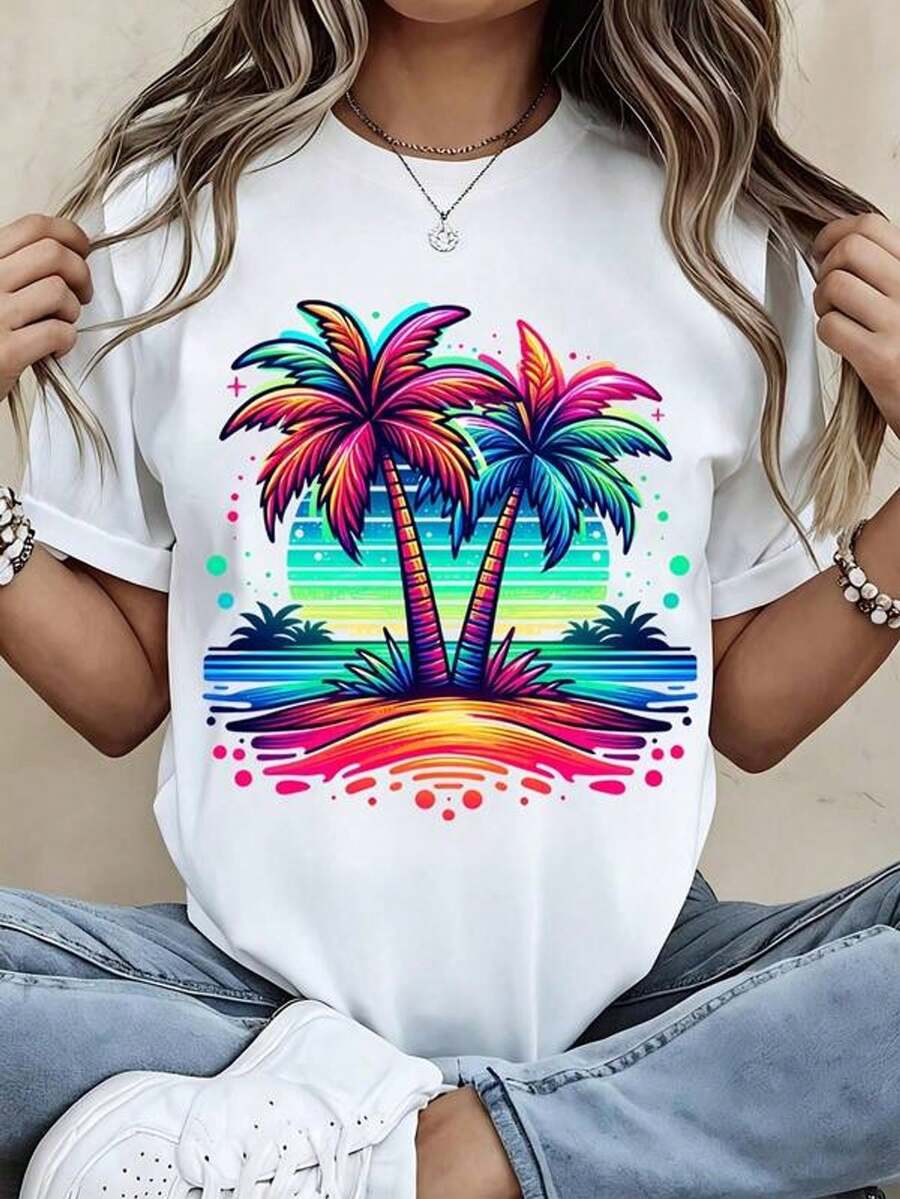 Camiseta de mujer de cuello redondo con estampado de árboles de palma coloridos, puesta de sol tropical, de manga corta, para uso casual en verano y vacaciones en llaya
