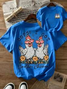 Women's Mexican Summer Basic Tops, Casual Short Sleeve Summer T-Shirts | Double-Sided Letter And Chicken Print, Crew Neck, Spring/Summer Top, Slightly Stretchy Fabric, Pullover Style. Loose And Comfortable Summer Clothing - New Release - 藍色 - 查看 2