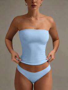Camiseta sin tirantes sexy básica, top tubo ajustado de unicolor y elástico a la moda, adecuado para mujeres en todas las estaciones, casual negro de verano - Azul cielo - Ver 2