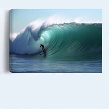 1Pc 2D Flat Canvas Wall Art Prints Posters Painting, Wall Decor Art Poster, Apartment Room Decor Aesthetic, Wrapped Framed Canvas Print, Home Decor, Living Room Office Dorm Wall Decor, Modern Home Decoration, Framed Artwork With Inner Frame, 2D Flat Printed, No 3D Effect, Not Oil Painting, Surfing In Big Wave Ocean Landscape Artwork, Framed Ready To Hang, Blue,Teal,Black - 薄荷藍 - 查看 5