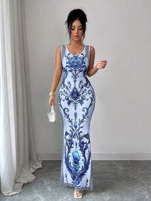 Exquisita bata de estilo retro de lujo con estampado de chinoiserie, cintura ceñida y abertura en el bajo, al estilo de Oriente Medio y los Emiratos Árabes Unidos - Multicolor 4 - Ver 5