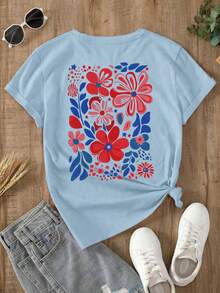 Women's Light Blue Summer Oversized T-Shirt With "Forever Awesome" Slogan And Pink Flowers. Loose-Fitting Round Neck T-Shirt With Printed Text And Floral Design, Fresh And Casual Style. - YH414-藍色 - 查看 3
