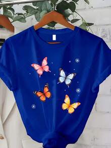 Camiseta Clásica de Talla Grande para Mujer con Estampado de Mariposas - Holgada, ligera, de manga corta y cuello redondo, ideal para primavera y otoño, estilo casual urbano con diseño de alas de mariposa, adecuada para primavera, verano y otoño, un excelente regalo para el Día de Acción de Gracias y Navidad. Éxito de . - Azul - Ver 7