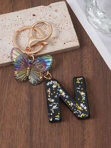 1pc A-Z Black Glitter Letter & Butterfly Keychain, Initial Resin Keyring, Holographic Butterfly Bag Charm, Car Key Accessory, Fashion Aesthetic Gift For Girls - Black - View 12