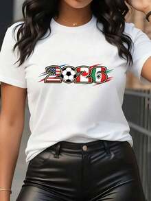SummerMatch - Fashionable T-Shirt With Double-Sided Letter Print, Crew Neck, Short Sleeve, Casual Style, Women's Clothing, Ideal For Everyday Wear. Women's Short Sleeve T-Shirt, Basic Style For Indoor And Outdoor Use. - 白色 - 查看 6