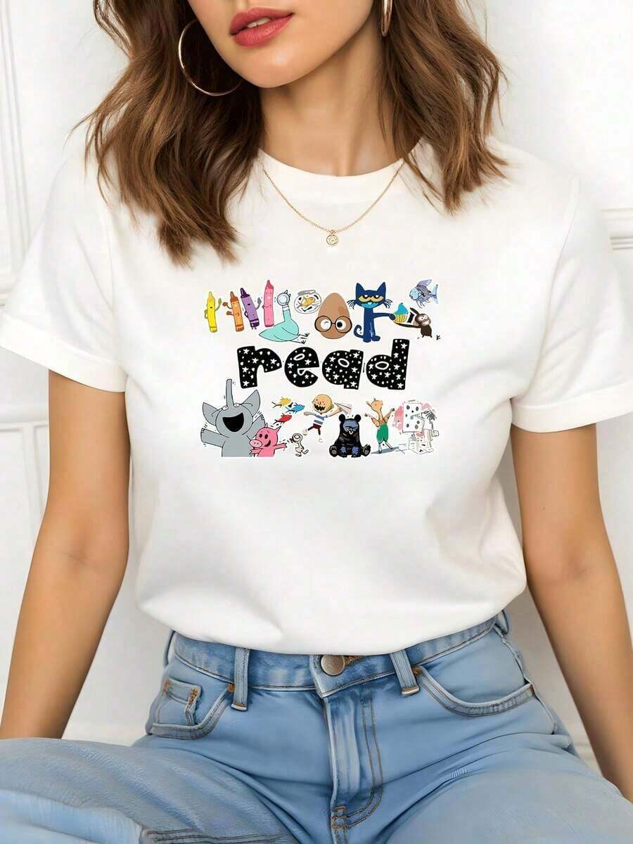 Camiseta Casual de Mujer con Temática de Lectura de Verano, 220g, con Estampado de Libros y Personajes, 100% Algodón, 1 Pieza, Camiseta con Estampado Gráfico, Camiseta de Manga Corta para Mujer, Estilo Básico para Uso Interior y Exterior - Blanco - Ver 1