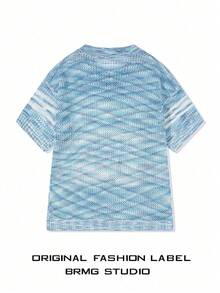 春夏新款男士學院風V領數位刺繡白色針織套頭短袖上衣，中性返校款 - 淺藍色 - 查看 3