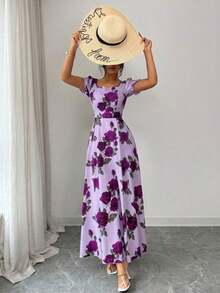 YHHSHEIN Elenzya Vestido midi de manga corta con estampado de rosas rojas sobre base blanca, elegante y versátil para uso diario, vacaciones, citas, San Valentín, estilo francés retro, fiestas y primavera temprana/primavera-veranoYHH - Morado - Ver 8