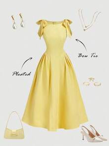 Vestido color albaricoque con cuello redondo, sin mangas, con ribete de contraste, lazo decorativo en la cintura y bajo acampanado - Amarillo claro - Ver 2