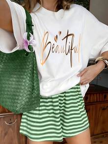 Elegant Gradient Gold Beautiful Lettering Heart Graphic T-Shirt, 100% Cotton Oversized Soft Breathable Inspirational Tee, Casual Crewneck Short Sleeve Top For Daily Wear & Gifts - 白色 - 查看 1