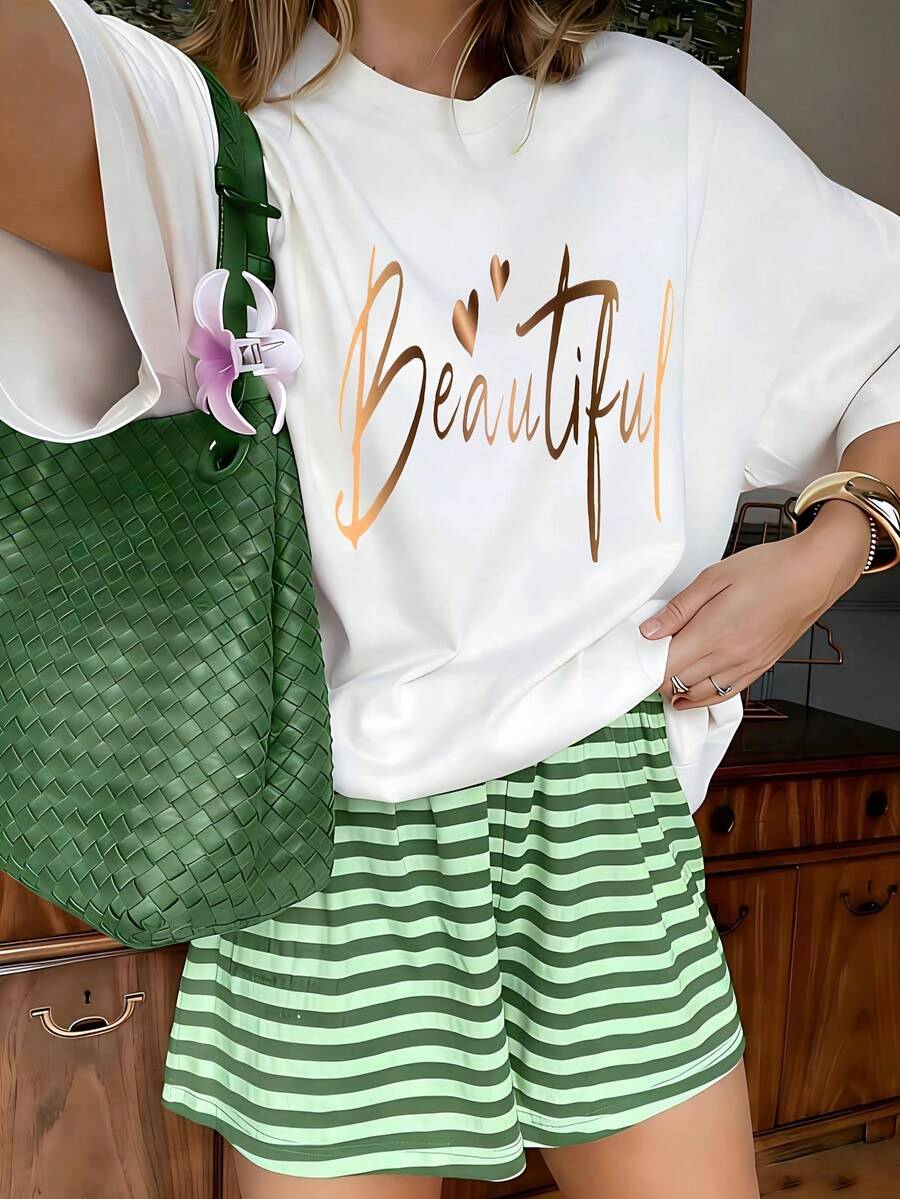 Elegant Gradient Gold Beautiful Lettering Heart Graphic T-Shirt, 100% Cotton Oversized Soft Breathable Inspirational Tee, Casual Crewneck Short Sleeve Top For Daily Wear & Gifts - 白色 - 查看 1