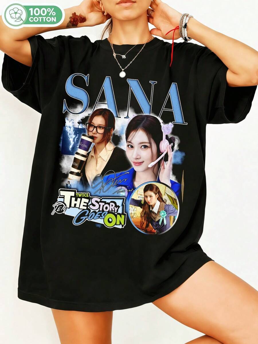 SANAA TWICEEEee K-Pop Idol Retro Bootleg Style Cotton T-Shirt, Sana Bias Graphic T-Shirt, Inspired By The Story Goes On, Casual Crew Neck, Unisex Streetwear, ONCE Fan Merch. - Black - View 1