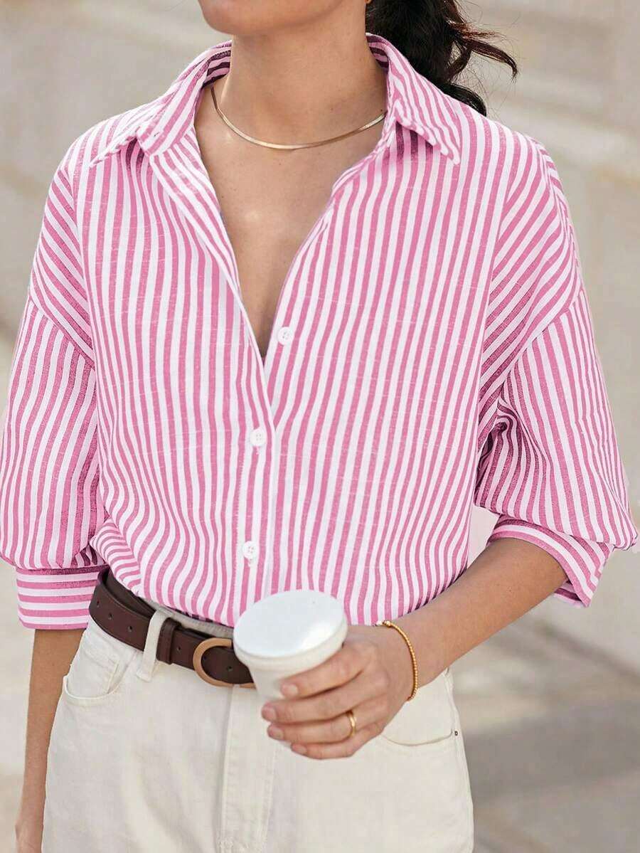 de hombros caídos con estampado de rayas, blusas de verano para vacaciones - Rosa - Ver 1