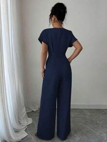 Mono elegante de pierna ancha de unicolor con cuello en V profundo y fruncido para mujer - Albaricoque - Ver 9