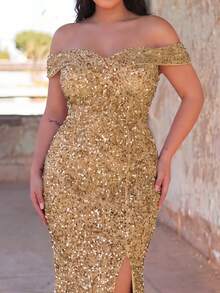 Faeriesty Đầm dạ hội cỡ lớn dành cho nữ, kiểu dáng đuôi cá, hở vai, đính sequin lấp lánh, thanh lịch, xẻ cao - Thích hợp cho các sự kiện thảm đỏ, đám cưới sang trọng, tiệc tùng lộng lẫy và các dịp trang trọng, trang phục dự tiệc mùa hè, mùa xuân. - Rượu sâm banh - Xem 5
