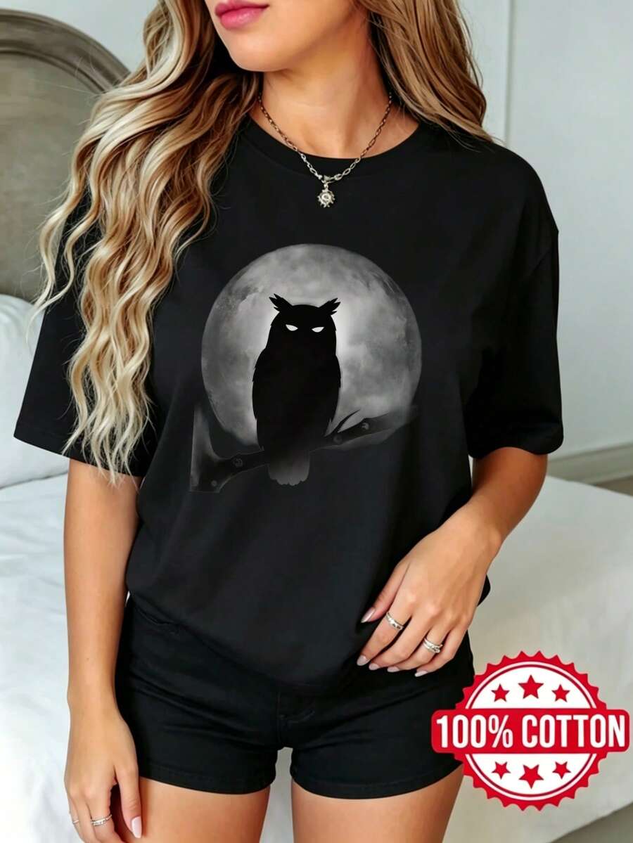 Camiseta negra de manga corta con cuello redondo y estampado para mujer, verano, casual Luna Búho Noche Silueta Negra S-3XL moda 100% aodón material