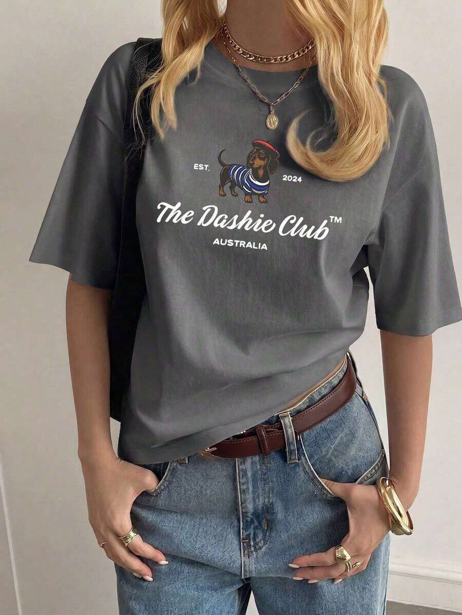 Camiseta de mujer estampada de manga corta para verano, tela de algodón , estilo multifuncional, corte regular, peso 190 gramos - Gris Oscuro - Ver 1