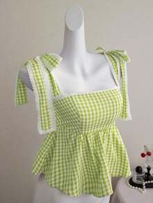Camiseta de tirantes con volantes y lazo a cuadros linda para mujer - Verde - Ver 6
