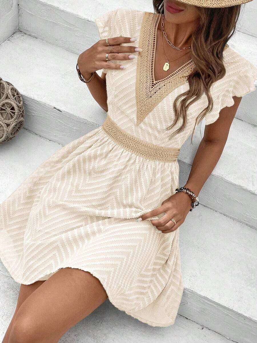 Vestido de verano con cintura fruncida y mangas de mariposa para mujer con cuello en V y estilo elegante - Albaricoque - Ver 1