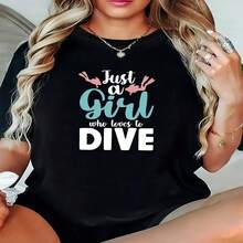 Women's Black Cotton Casual T-Shirt 'Just A Girl Who Loves To Dive' Graphic Print Short Sleeve Round Neck Regular Fit Tee - 黑色 - 查看 1