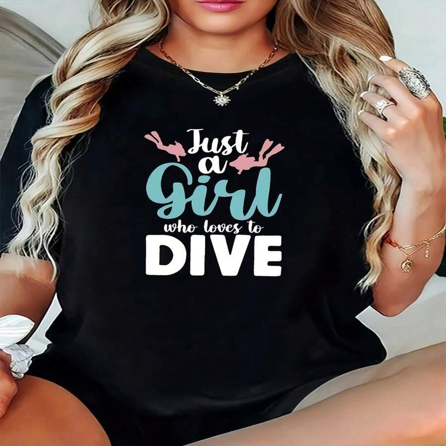 Women's Black Cotton Casual T-Shirt 'Just A Girl Who Loves To Dive' Graphic Print Short Sleeve Round Neck Regular Fit Tee - 黑色 - 查看 1