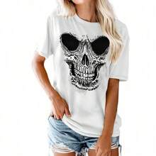 Camisa de calavera para mujer, camisetas gráficas de esqueleto vintage, camisetas góticas punk rock, camisetas novedosas de terror para Halloween, camisetas - Blanco - Ver 4