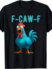 Camiseta de Hombre Divertida con Meme de Pollo F-CAW-F y Letras Turquesas - Corte Holgado Retro de Manga Corta y Cuello Redondo, Estampado 3D de Gallo y Ave Humorístico para Uso Casual, Fiestas - Ropa Animal Duradera para el Día a Día - Negro - Ver 6