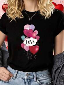 Talla Grande - Talla Grande - Día de San Valentín BALÓN de AMOR | Estampado de Patrón de Elemento Dulce Camiseta de Mujer de Manga Corta con Cuello Redondo parrimavera y Verano, Estilo Casual, Cuello Redondo, Tejido Ligeramente Elástico - Negro - Ver 2