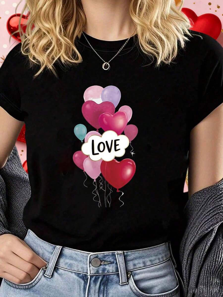Talla Grande - Talla Grande - Día de San Valentín BALÓN de AMOR | Estampado de Patrón de Elemento Dulce Camiseta de Mujer de Manga Corta con Cuello Redondo parrimavera y Verano, Estilo Casual, Cuello Redondo, Tejido Ligeramente Elástico