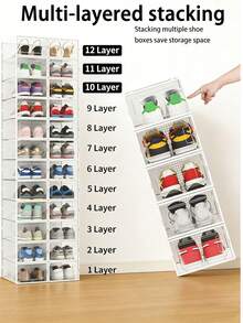 12 Pack Large Shoe Organizer Storage Rack Clear Plastic Stackable Shoe Boxes For Closet, Space Saving Foldable Shoe Storage Case, Sneaker Storage Shoe Box Container - Large White - View 7