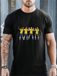 Camiseta gráfica del equipo de Brasil para hombre | Ropa deportiva de estilo elegante, tela suave y transpirable, diseño artístico llamativo, cuello redondo, camiseta de verano de manga corta, camiseta para aficionados al fútbol de secado rápido, que absorbe la humedad, de malla transpirable, sin sensación de opresión - Negro - Ver 6