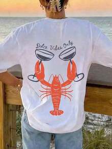 Ilustración de Langosta con Sabor a Soda de Sal Marina, Ropa de Playa de Verano, Camiseta Blanca de Manga Corta con Cuello Redondo, Corte Holgado y Casual para Mujer -Tayzi UV6R - Blanco - Ver 4