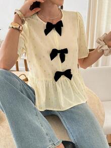 Camisa de mujer con cuello redondo, manga corta, decoración de lazo y bajo con volantes - Amarillo claro - Ver 8