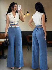 Conjunto de blazer corto sin mangas de color contrastante y pantalones rectos elegantes de estilo de oficina para mujer, atuendo profesional de oficina, vestimenta de maestra, ropa para ir y venir y uso casual - Azul - Ver 1