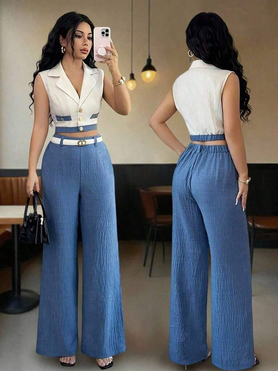 Conjunto de blazer corto sin mangas de color contrastante y pantalones rectos elegantes de estilo de oficina para mujer, atuendo profesional de oficina, vestimenta de maestra, ropa para ir y venir y uso casual - Azul - Ver 1
