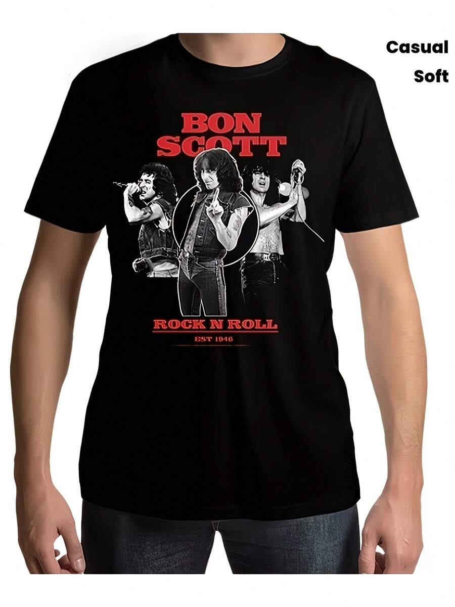 Unisex Bon Scott Rock N Roll Tribute T-Shirt, Commemorating The Band's Founding In 1946. This Soft, Versatile T-Shirt Is Perfect For Both Men And Women, Making It An Essential For Year-Round Casual Wear. Its Versatile Style Makes It An Affordable Everyday Essential And A Great Christmas Gift For Fans And Friends. This Short-Sleeved T-Shirt Is Suitable For Lounging At Home, Everyday Wear, Parties, And Travel, And Makes A Wonderful Gift For Friends Or Family. - 黑色 - 查看 1