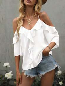 Blusa de volantes con hombros descubiertos de unicolor, estilo de vacaciones de playa para mujer - Blanco - Ver 6