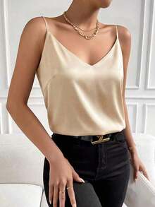 1 pieza Blusa sin mangas de satén de unicolor elegante y de moda para mujer, apropiada para verano, citas por la noche, oficina, vacaciones y uso casual diario, color negro - Champán - Ver 4
