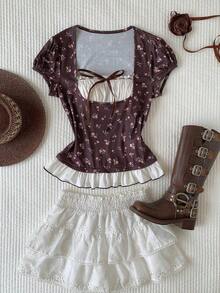 Blusa de verano elegante con volantes en el bajo, estampado de flores diminutas y parches - Multicolor 2 - Ver 1