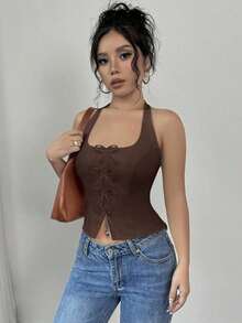 blanca elegante y ajustada con cuello de lazo para volver al colegio - Café integral - Ver 5
