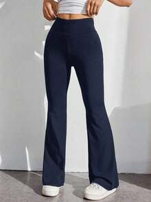 Pantalones con cintura alta de color liso y corte acampanado - Azul marino - Ver 1