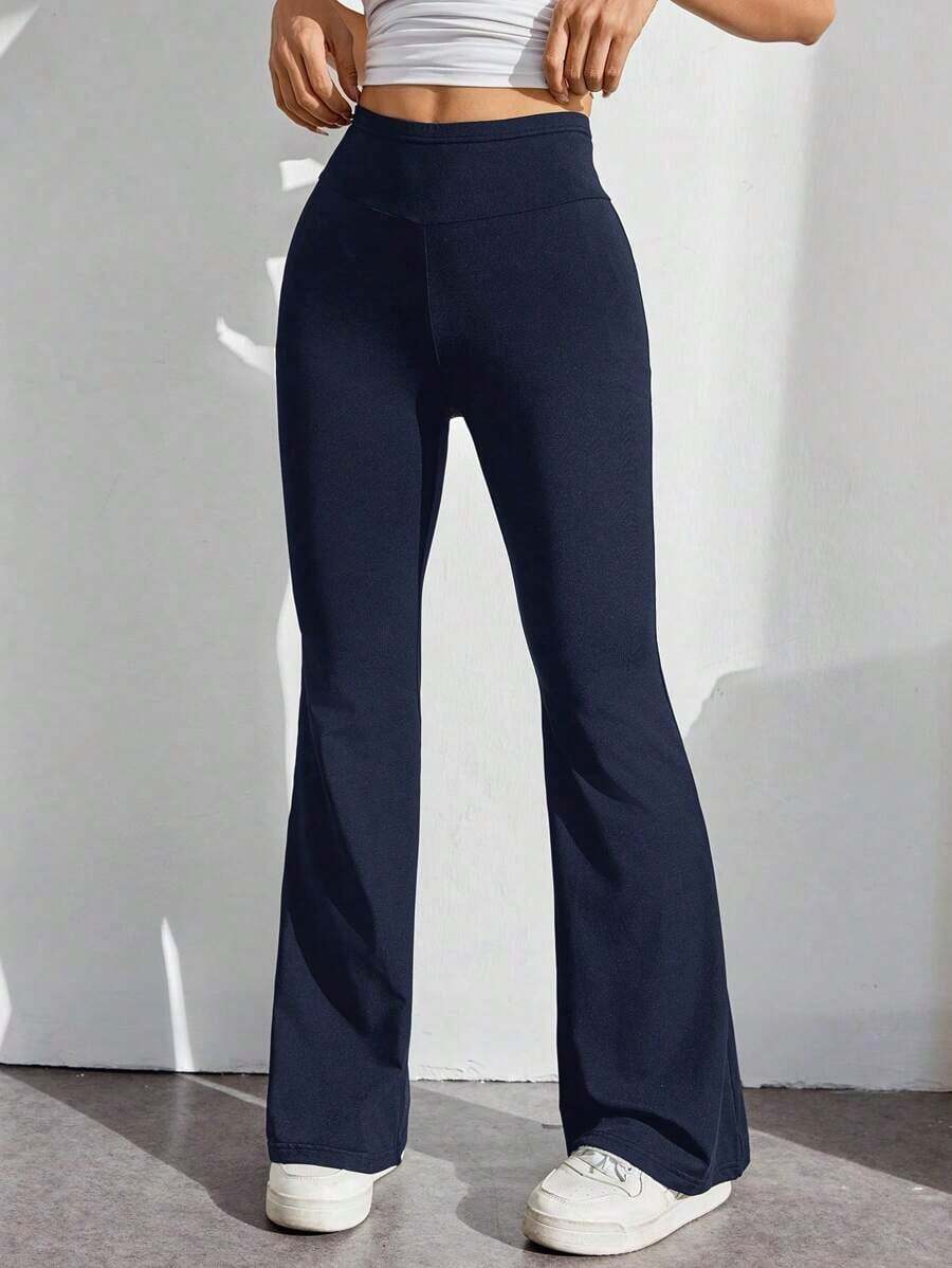 Pantalones con cintura alta de color liso y corte acampanado - Azul marino - Ver 1
