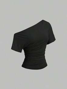 Nueva camiseta casual de primavera/verano para mujer, de estilo elegante y chic de la calle, con hombro asimétrico, ajuste delgado, deportiva, versátil y cómoda - Negro - Ver 8
